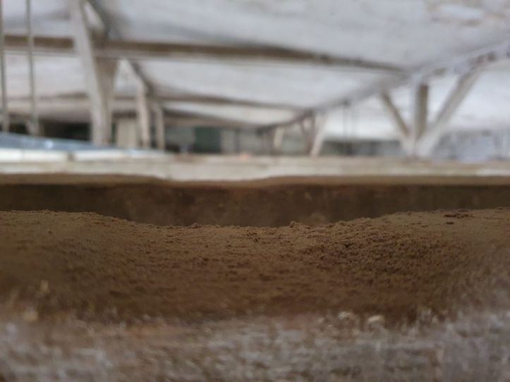 Nahaufnahme einer staubigen Oberfläche in einem Innenraum.